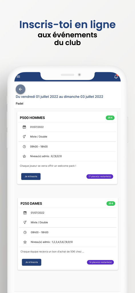 Padel Spot - Interface of the Padel Spot app showing registration options for club events and tournaments.