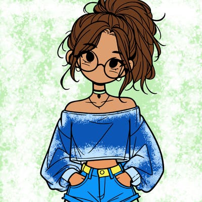 girl with a messy ponytail glasses a baggy crop top and jean shorts