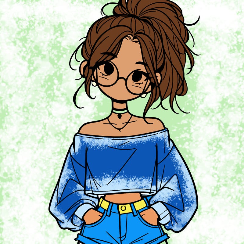 girl with a messy ponytail glasses a baggy crop top and jean shorts