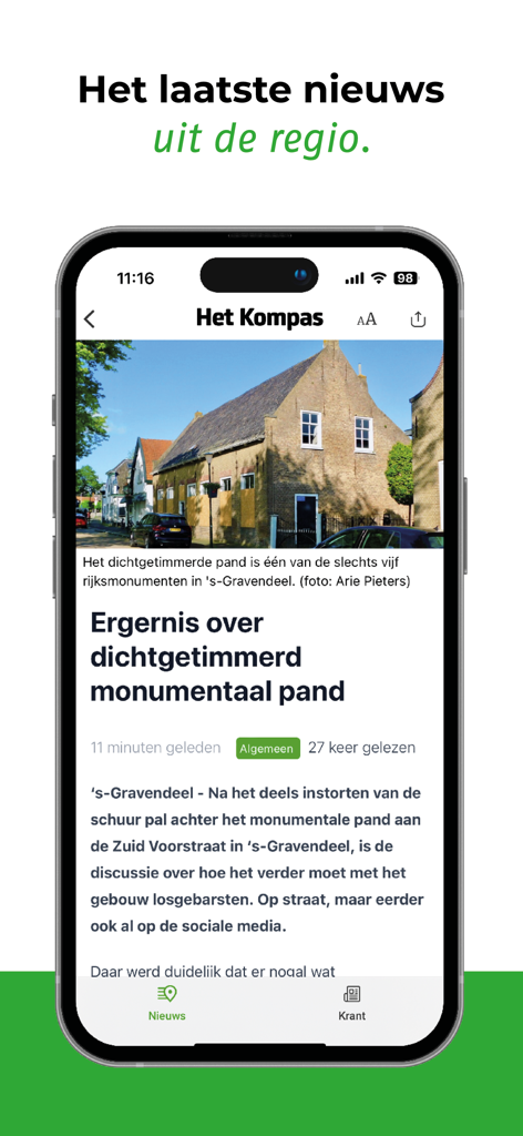 Interfaccia mobile dell'app di notizie Het Kompas Online che mostra notizie locali dalla regione dell'Hoeksche Waard