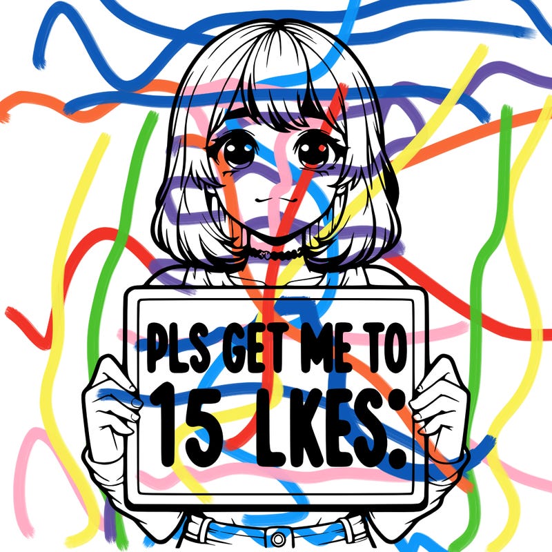 realistic girl holding up a sign that says “pls get me to 15 likes!”