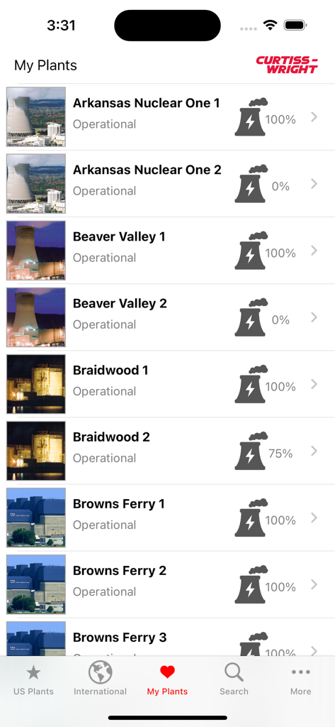 CW Nuclear - A list of saved nuclear power plants in the CW Nuclear app showing operational status and reactor information for sites like Arkansas Nuclear One and Beaver Valley.