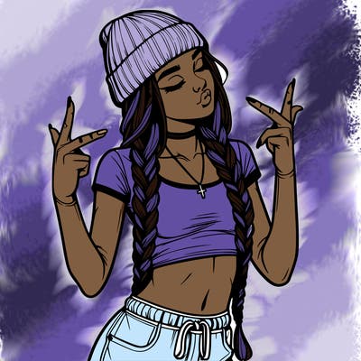 realistic teenage girl with braids and a beanie and crop top doing 🫶🏼