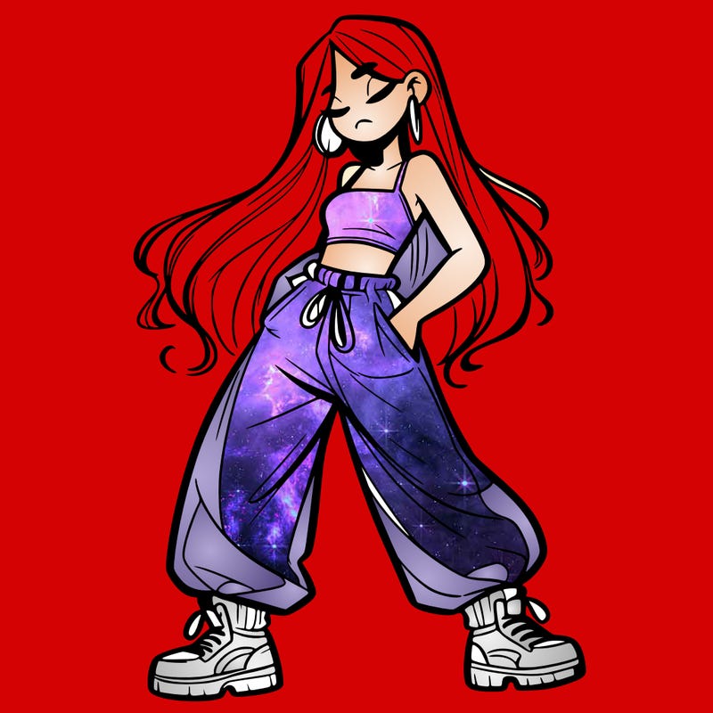 girl in baggy pants crop top and long hair