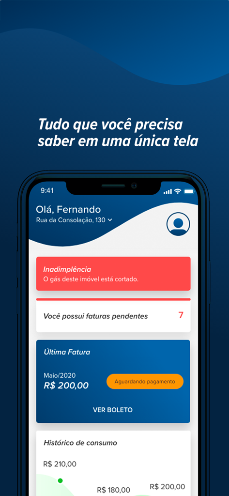 Grupo Consigaz - A smartphone screen displaying the Grupo Consigaz app dashboard with account status, pending bills, and gas consumption history