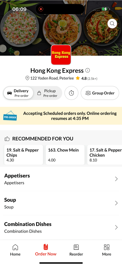 Hong Kong Express - A tela inicial do aplicativo Hong Kong Express com recomendações de comida e seções de menu.