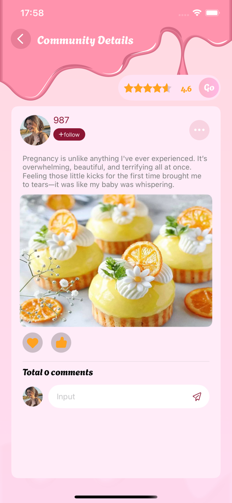 Screenshot of the Community Details screen in the Salsa app featuring a social post with lemon desserts and user comments.