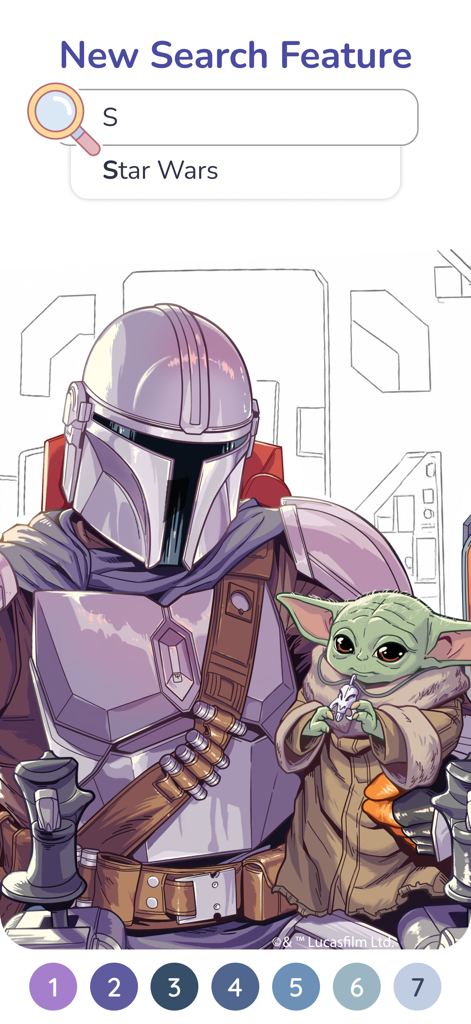 Happy Color by Numbers Game - Interfaccia dell'app Happy Color con una pagina da colorare di Star Wars Il Mandaloriano e Grogu con una nuova barra di ricerca