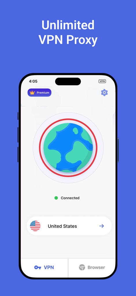 VPN-Z app interface showing a connected status to a United States server
