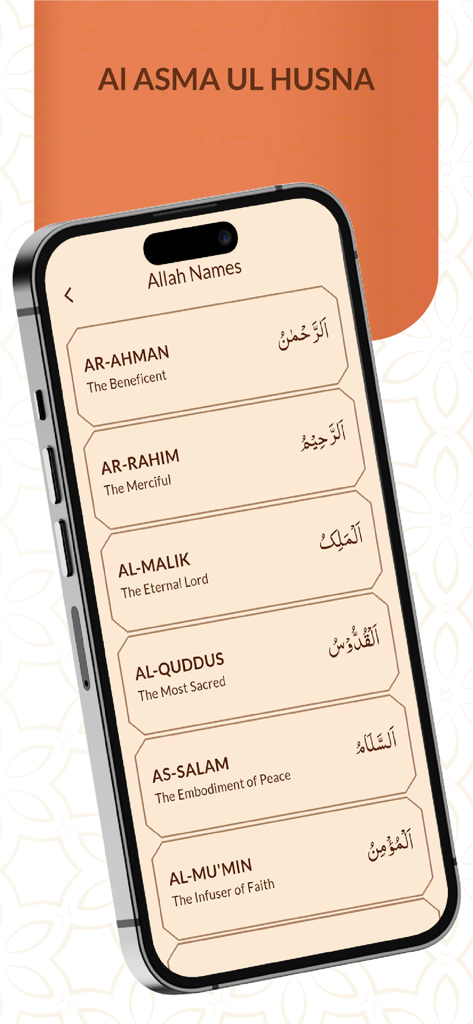 Al Quran MP3 القرآن الكريم - Screenshot of Al Quran MP3 app displaying a list of the 99 names of Allah with English translations and Arabic text.