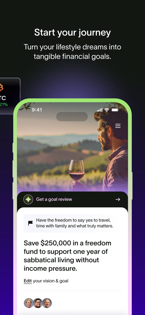 Richify AI Finance Coach screen for setting lifestyle and financial goals.
