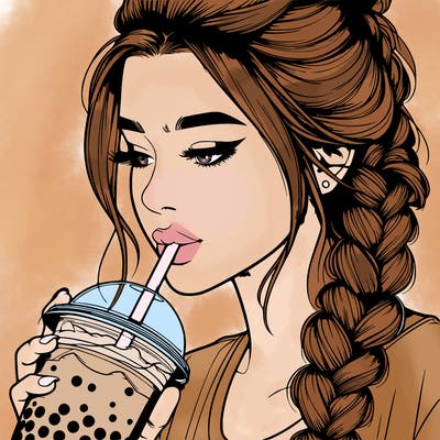 realistic girl drinking boba tea with braided hair
