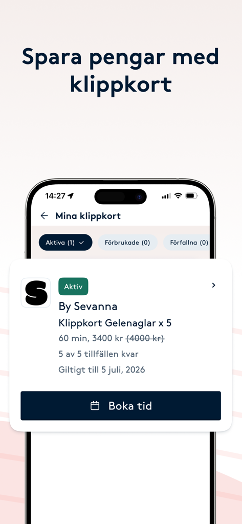 Bokadirekt app interface showing a discount punch card for beauty services