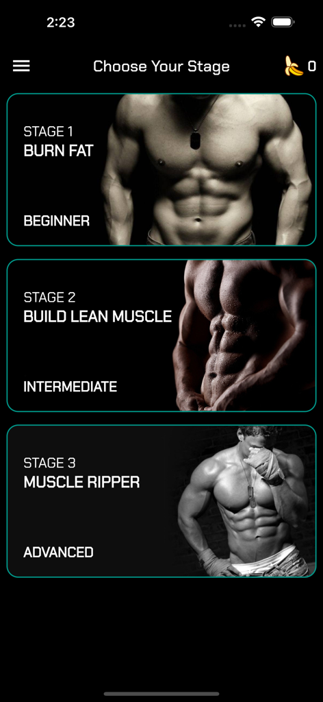 Home Workout : No Equipments - Interfaz que muestra tres etapas de entrenamiento: principiante quema de grasa, intermedio desarrollo muscular y avanzado destructor de músculos, con torsos masculinos musculosos.