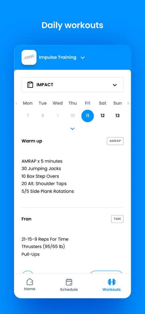 Impulse Training - Aplicación móvil Impulse Training que muestra una rutina de ejercicios diaria con calentamiento y ejercicios de rendimiento para miembros del gimnasio