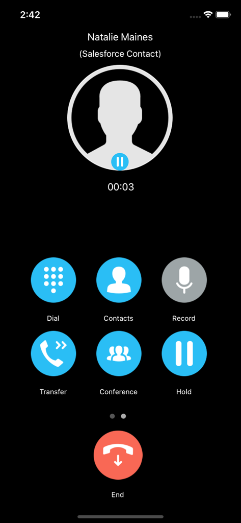 Unity-Mobile - Unity-Mobile active call screen showing call control features and Salesforce contact integration