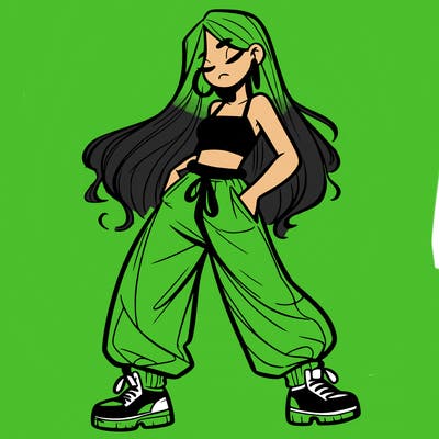girl in baggy pants crop top and long hair