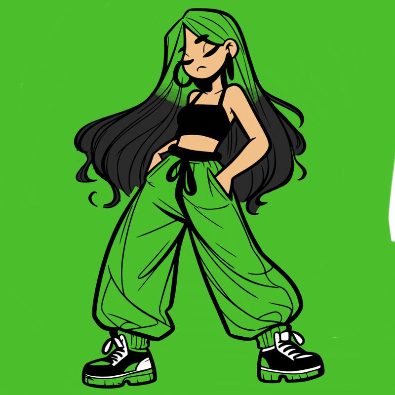girl in baggy pants crop top and long hair