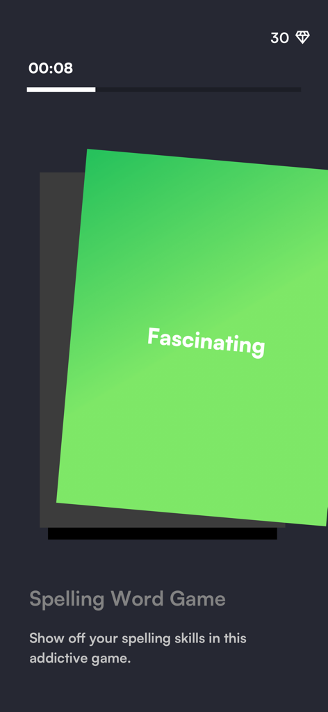 Spell Sense - A spelling challenge card with the word Fascinating in the Spell Sense mobile app