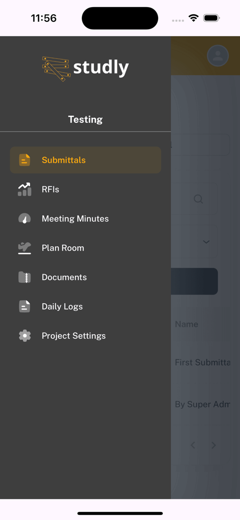 Side navigation menu of the Studly construction management app showing project tools like Submittals, RFIs, and Daily Logs