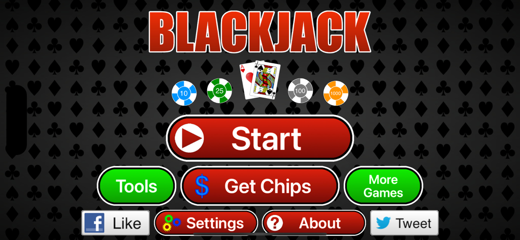 Blackjack - Gambling Simulator - Hauptmenübildschirm der Blackjack Gambling Simulator App mit der Start-Schaltfläche und Casino-Chips