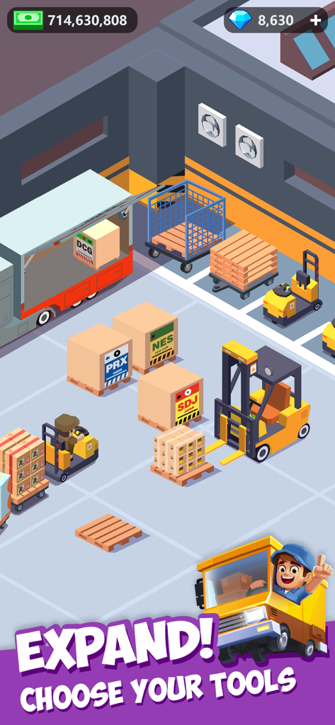Gameplay screenshot of Idle Courier showing forklifts and packages in a logistics warehouse hub