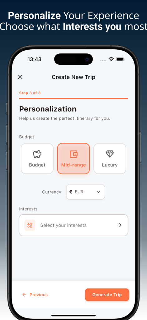 GoPlan - AI Travel Planner - GoPlan travel planner app screen for setting trip budget and interests
