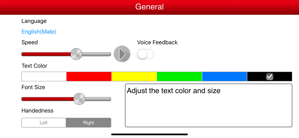 Listen and Speak - General settings interface for the Listen and Speak AAC app showing customization options for voice speed text color and font size