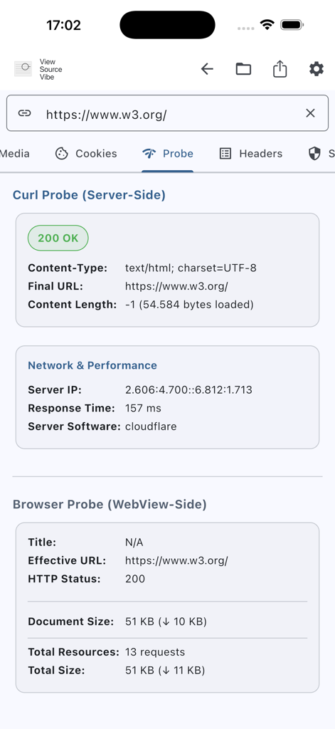 View Source Vibe - Captura de pantalla de la aplicación View Source Vibe que muestra análisis de sonda web y de red