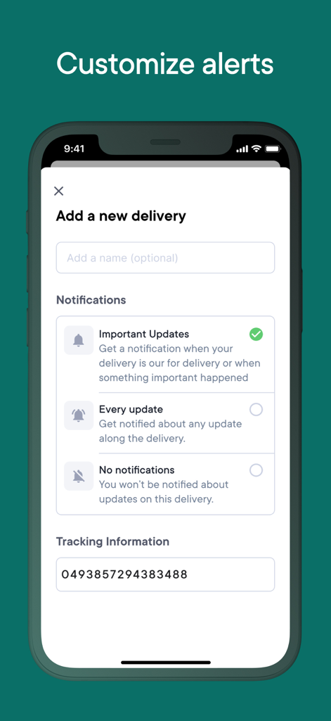 Spoke Package Tracker - A screenshot of the Spoke Package Tracker app showing the add new delivery screen with customizable alert options.