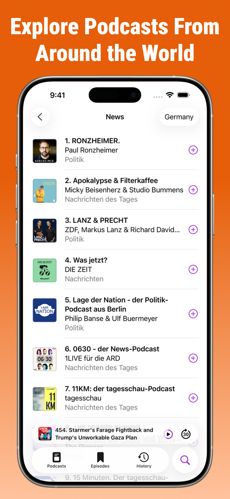Podcast App: Updates - Una interfaz móvil de una aplicación de podcast que muestra una lista de podcasts de noticias de todo el mundo.