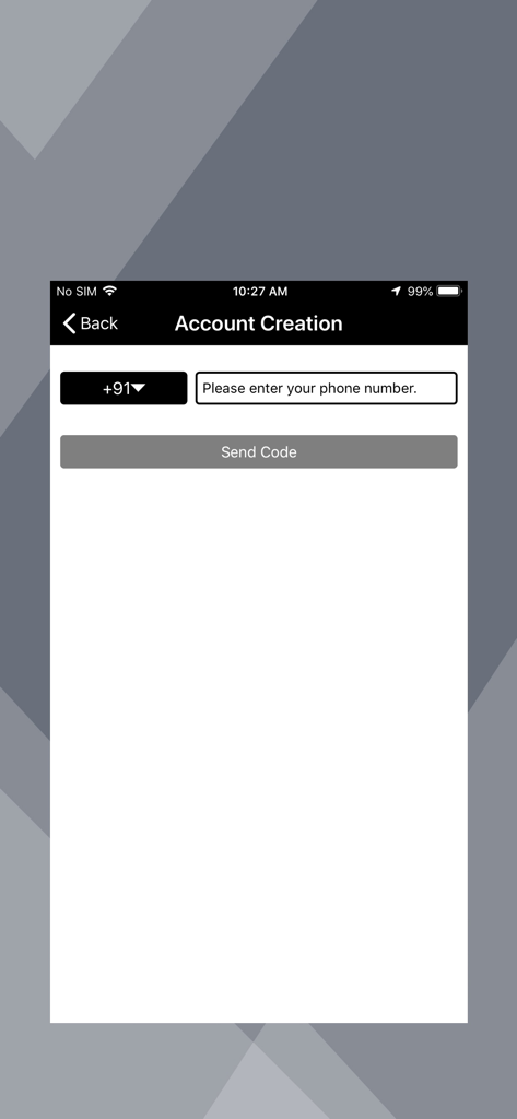 Indigo Nav - Indigo Nav account creation screen showing phone number entry field and send code button