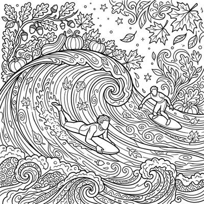 Experience the thrill of bodyboarding combined with the cozy charm of autumn in this unique coloring page. It features dynamic ocean waves, skilled bodyboarders, and beautiful fall foliage, perfect for a creative seasonal escape.