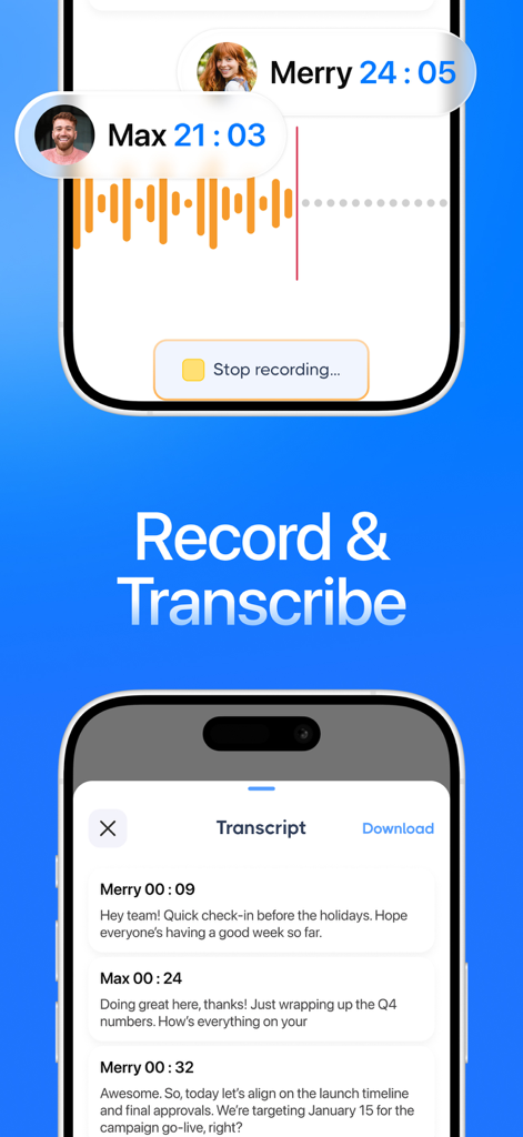 Mino app interface showing a voice recording waveform and a detailed text transcript with speaker labels