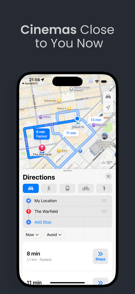 Xuper TV app map interface showing directions to a nearby cinema