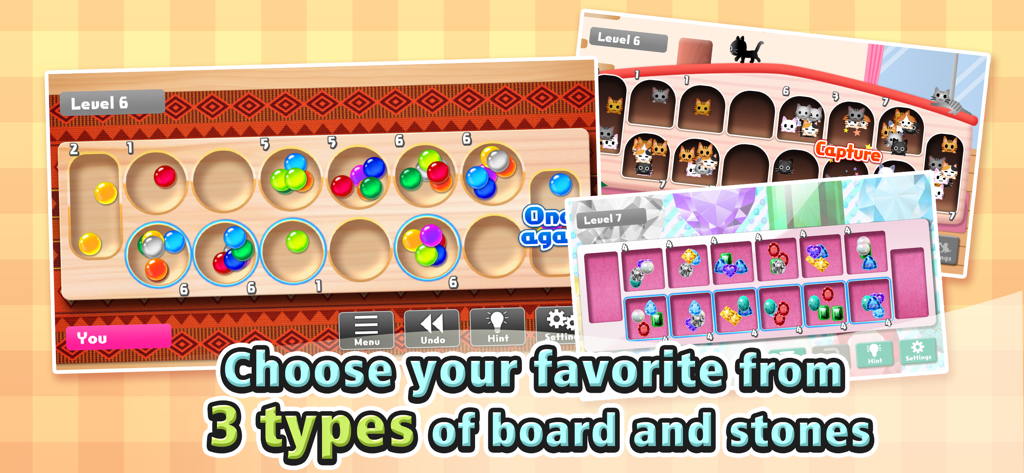 The Mancala - マンカラアプリの3つの異なるボードと石のカスタマイズオプションの表示