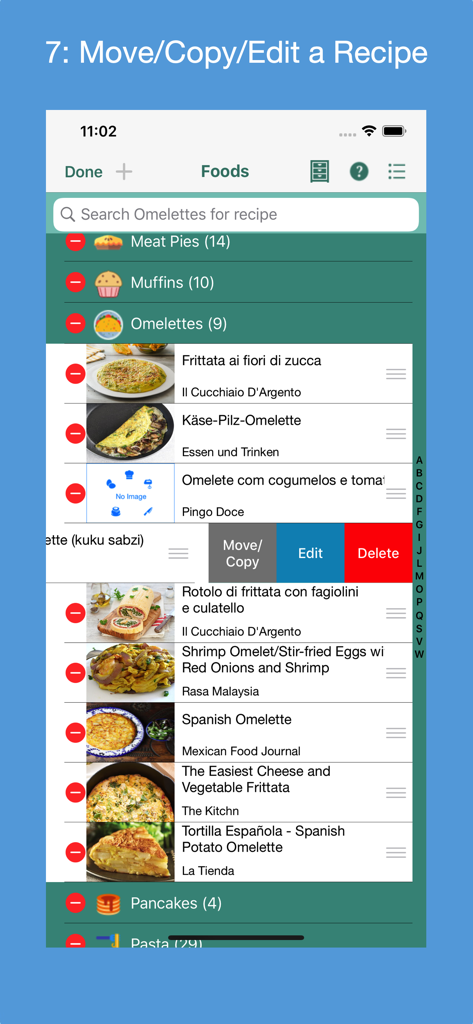 Interface of Recipe Collector app showing options to move, copy, edit, and delete recipes within a digital cookbook.