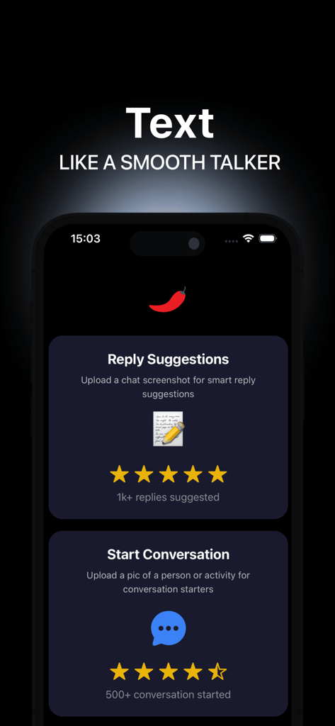 Sauce: Learn to Flirt - Smartphone screen showing the Sauce app features for AI reply suggestions and conversation starters to improve texting skills.