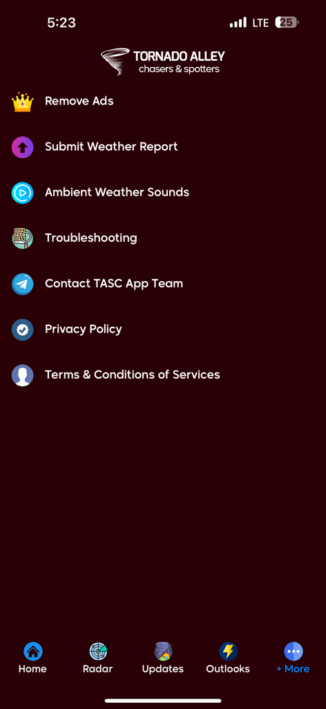 Tornado Alley Weather Center - Menú de configuración e información para la aplicación móvil Tornado Alley Weather Center