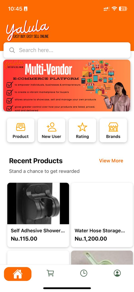 The home screen of the Yalula shopping app showing a multi-vendor marketplace banner and recent products.