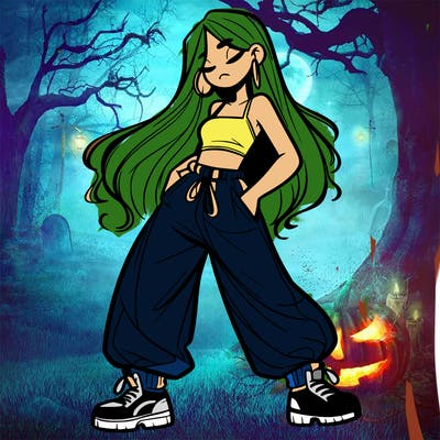 girl in baggy pants crop top and long hair