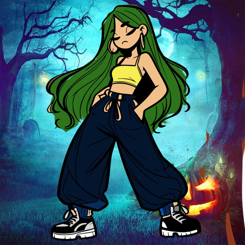 girl in baggy pants crop top and long hair