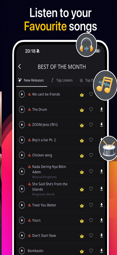 월간 최고 인기곡 및 벨소리 목록을 보여주는 아이폰 앱 화면