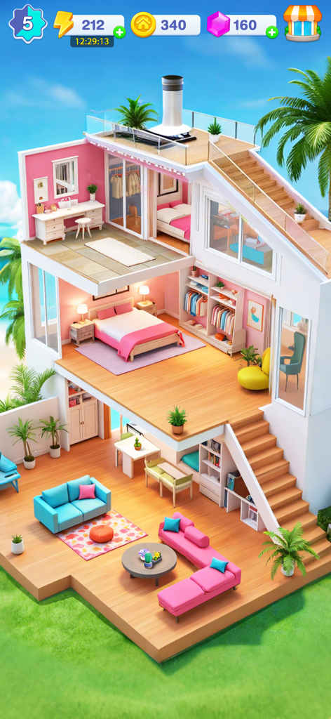 A three story modern mansion with stylish interior design and furniture