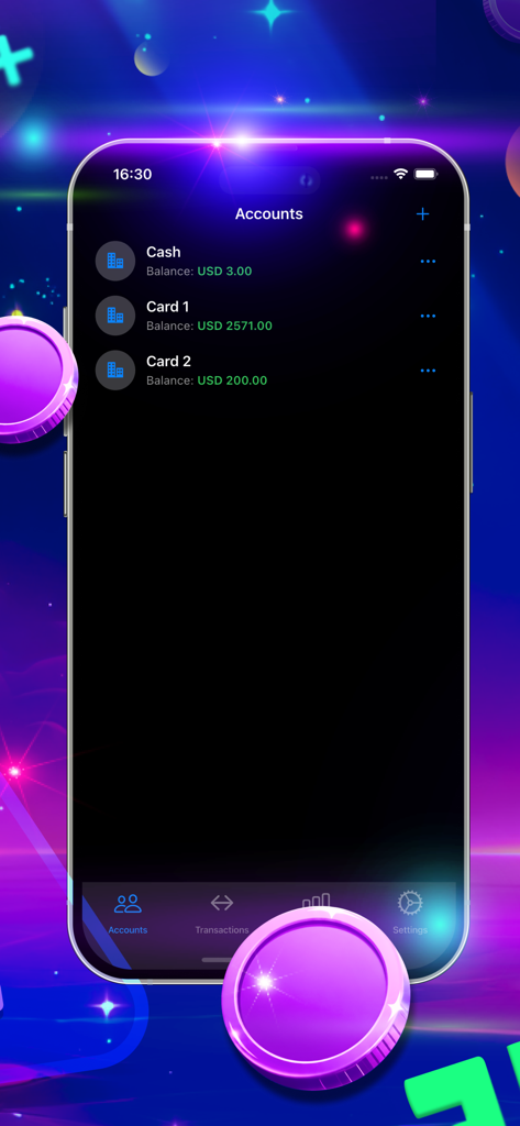 Drop Cost - 어두운 모드 인터페이스에서 현금 및 카드에 대한 잔액을 표시하는 Drop Cost 앱의 모바일 화면