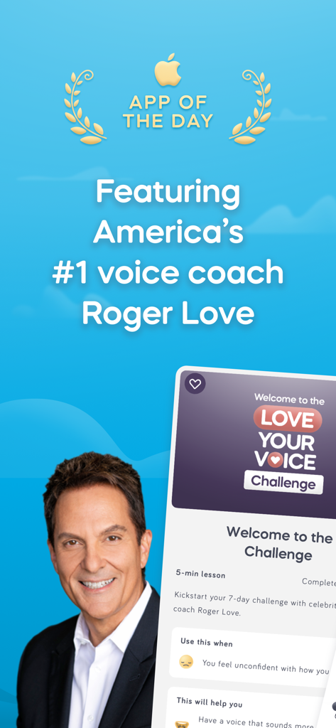 Speeko app screenshot featuring voice coach Roger Love and Apple App of the Day award