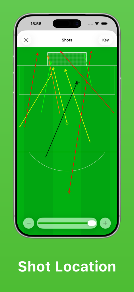 Soccer Teammate - A smartphone screen displaying shot locations on a soccer field within the Soccer Teammate app.