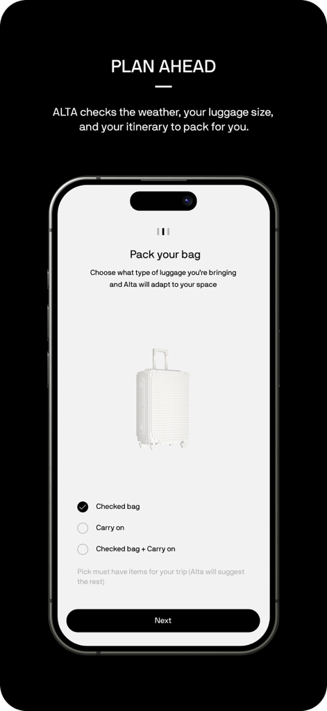 Alta Daily - Alta Daily app interface showing the travel packing planner screen with options to select luggage type like checked bag or carry on.