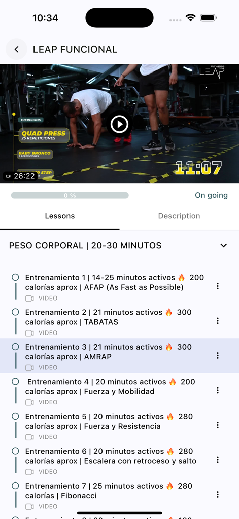 LEAP FIT - Mobile app interface for Leap Fit showing a functional training video and a list of bodyweight workout lessons.