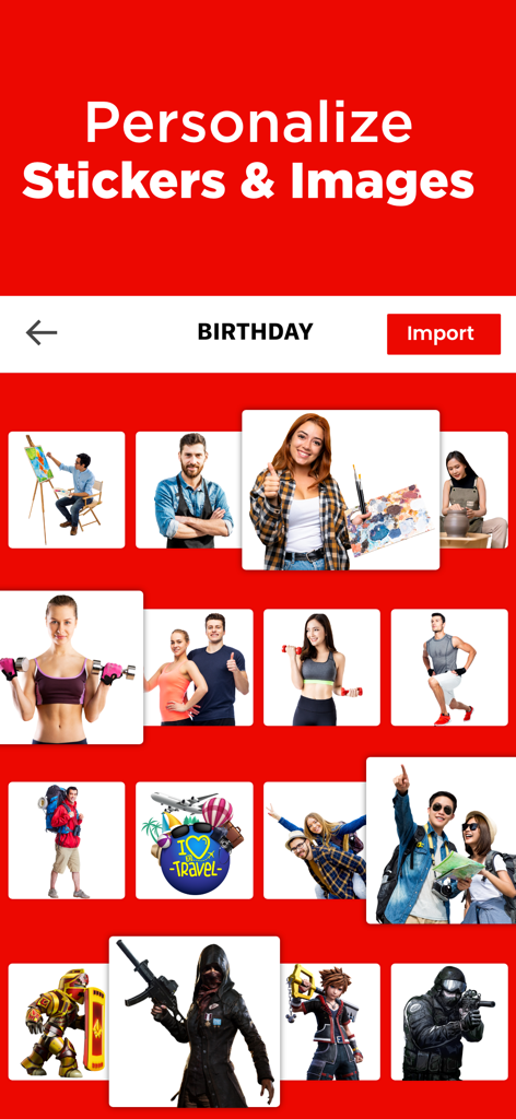 A library of stickers and images for personalizing thumbnails including gaming and travel categories